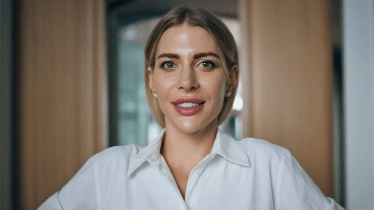 Alina Palii, a confident and poised marketing strategist, poses with a serene expression, reflecting her leadership philosophy.