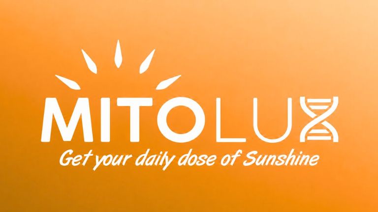 Mitolux logo with sun and DNA-inspired design on orange background, featuring the slogan “Get your daily dose of Sunshine.”
