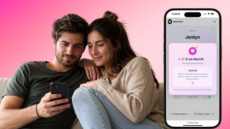Couple comparing baby names on a smartphone beside the NameHatch matching app interface.