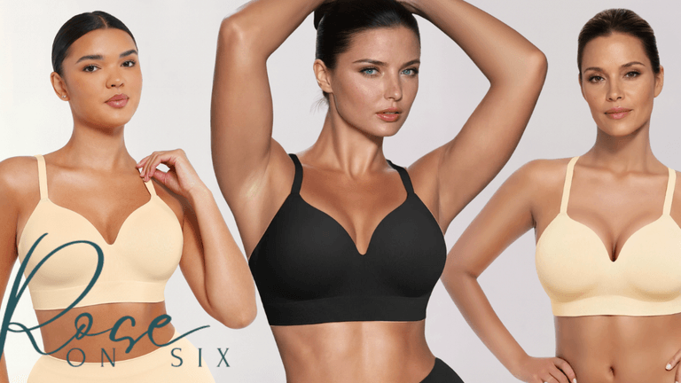 Three women modeling wire-free bras from Rose on Six, showcasing comfort and support in a variety of sizes.