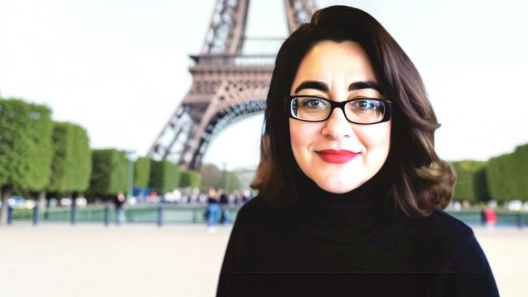 Shadan Kapri, wearing glasses and a black top, stands in front of the Eiffel Tower during the Women Changing the World Summit.