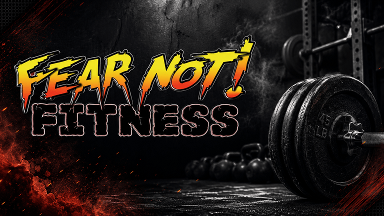 Fear Not Fitness gym branding with bold fiery text and heavy barbell in a dark workout setting.