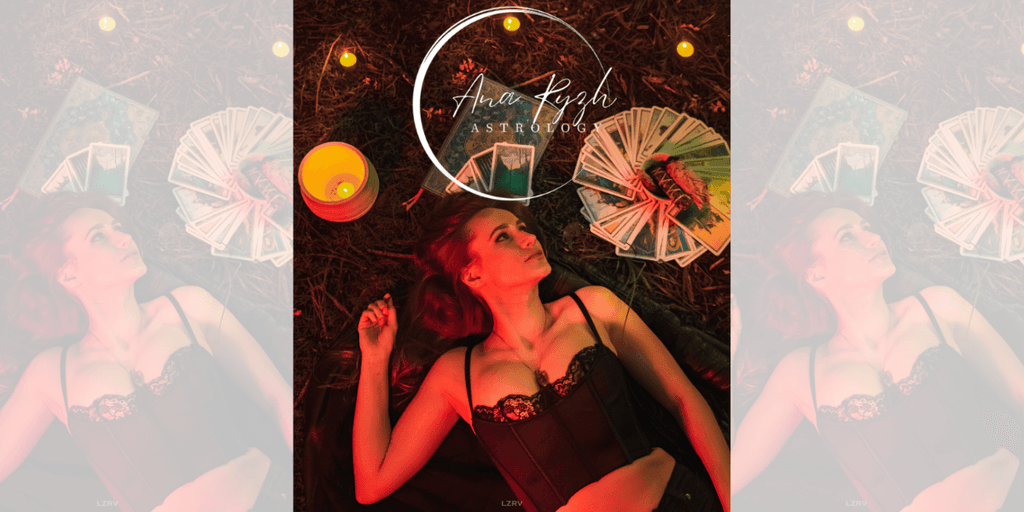 Anastasia Ryzhkova, astrologer, surrounded by tarot cards and candles, embodies the blend of astrology, creativity, and healing.