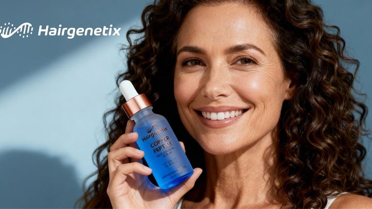 A woman smiling with curly hair, holding Hairgenetix Copper Peptide Hair Growth Serum, promoting healthy hair revival.