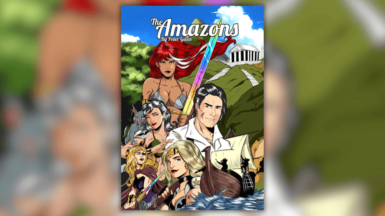 The image depicts a colorful comic cover titled "The Amazons," featuring female warriors and a male hero amidst ancient settings.