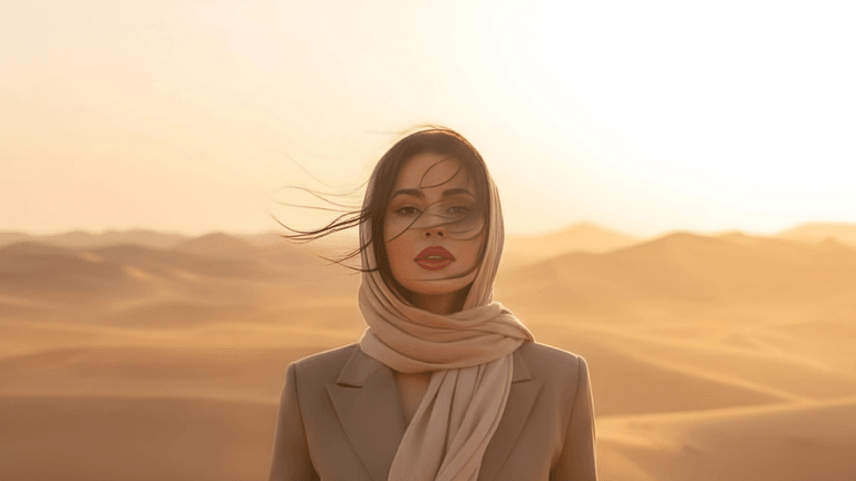 A woman in a beige suit and scarf stands in the Moroccan desert, embodying elegance and natural beauty with confidence.