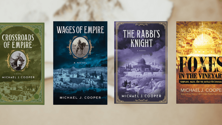 Four historical fiction book covers by Michael J. Cooper, exploring identity, conflict, and peace in the Holy Land.
