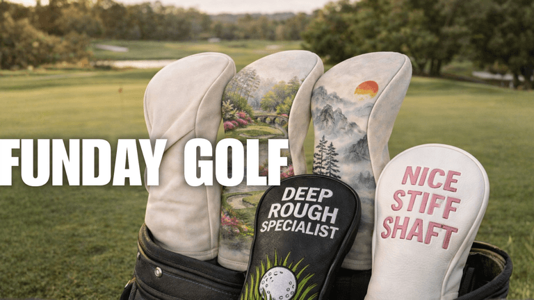 Golf bag with colorful novelty headcovers reading Deep Rough Specialist and Nice Stiff Shaft on sunny course, Funday Golf branding.