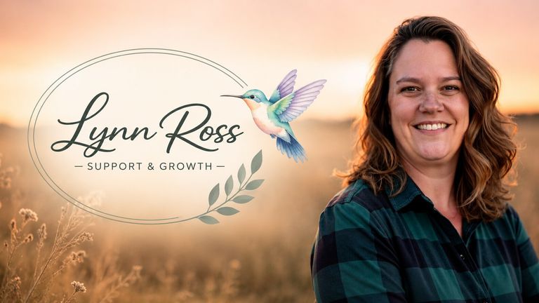Lynn Ross smiling in a field at sunset beside Lynn Ross Support & Growth logo and hummingbird illustration.