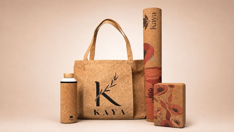 Kaya Eco Living cork yoga accessories including tote bag, yoga mat, water bottle, and storage case.