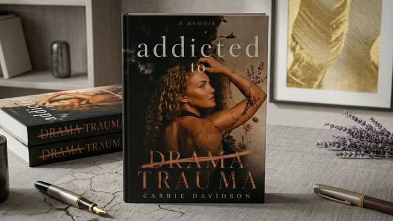 Memoir book “Addicted to Drama Trauma” displayed on desk with books, pens, coffee, and lavender.