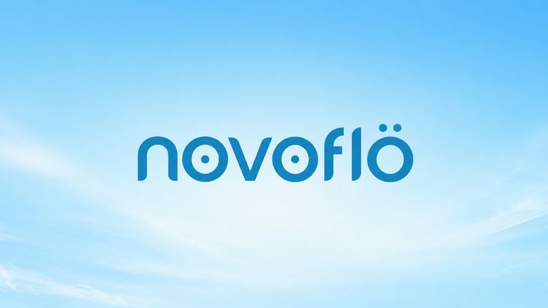 Novoflö logo centered against a bright blue sky with soft clouds.