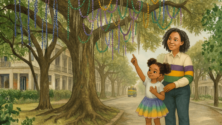 A mother and daughter admire Mardi Gras beads hanging from trees in New Orleans during Carnival season.