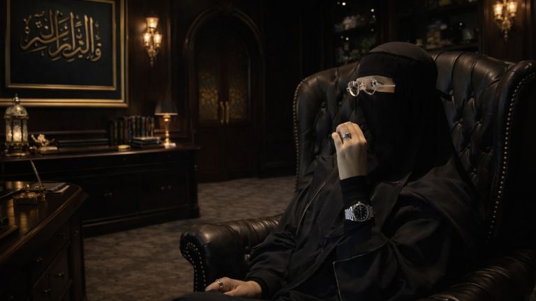 A woman in an elegant black abaya with a niqab sits in a luxurious office, showcasing a confident and thoughtful expression.