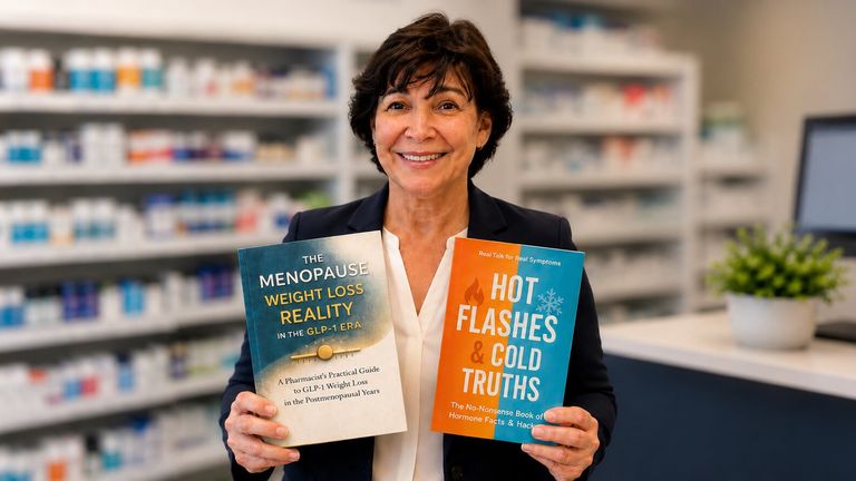 Dr. Leott in a pharmacy holding books on menopause, hormone health, and midlife wellness.