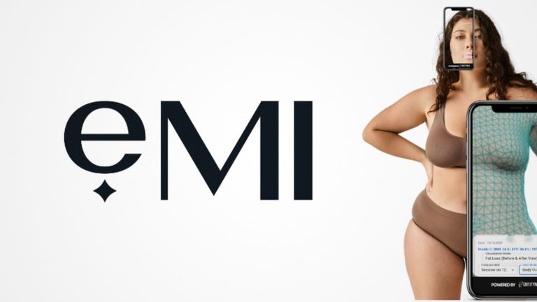 eMI logo beside a body visualization displayed on a smartphone.