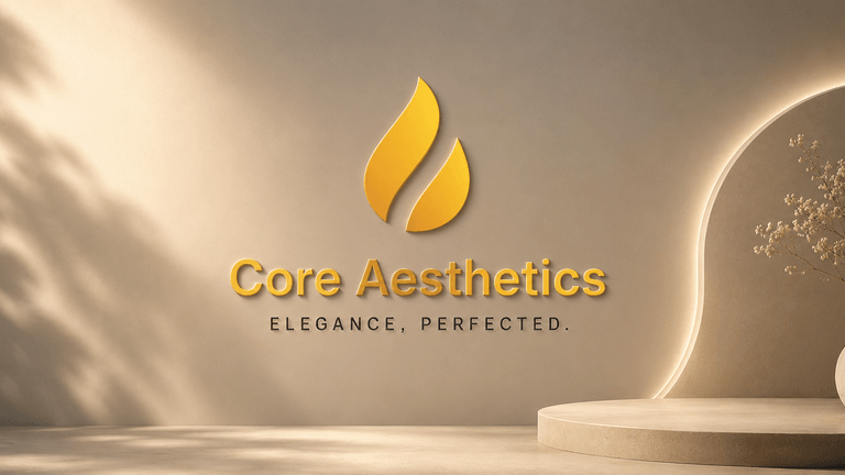 Core Aesthetics logo displayed on a beige luxury backdrop with the tagline "Elegance, Perfected."