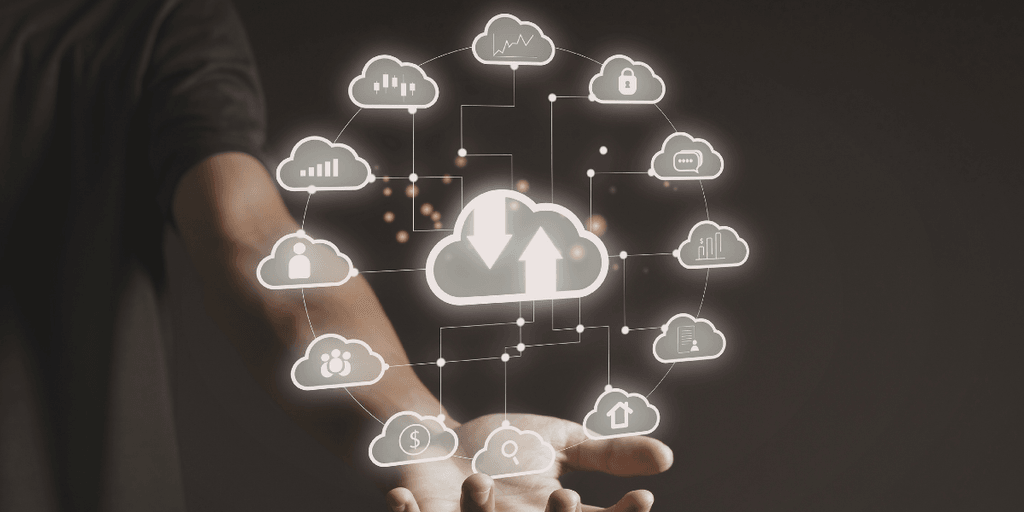 Cloud computing network with connected digital service icons.