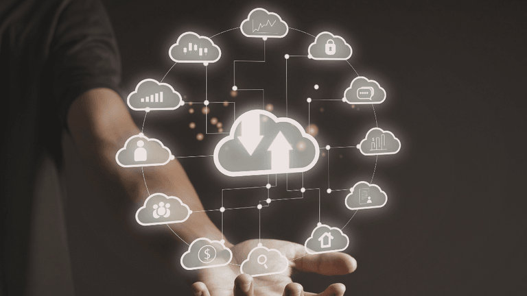 Cloud computing network with connected digital service icons.