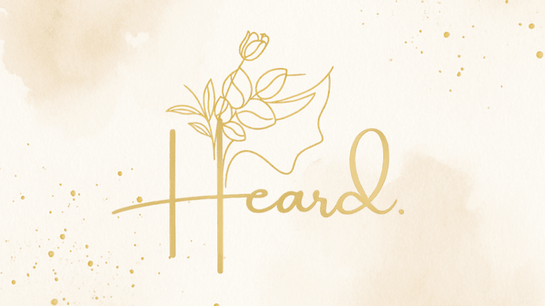 HEARD logo with minimalist floral line art in gold on a soft watercolor background.