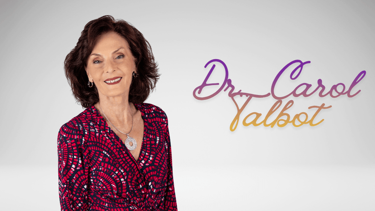 Dr. Carol Talbot smiling in a patterned red dress beside her name in colorful script.
