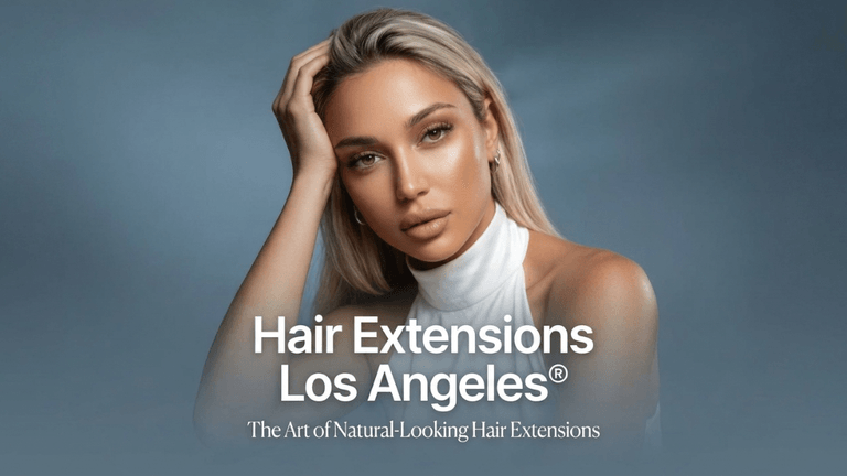 Blonde woman with long straight hair showcasing seamless natural-looking hair extensions in a professional beauty portrait.