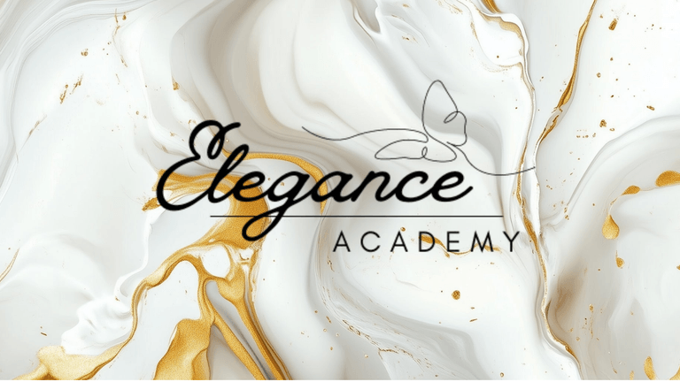 Elegance Academy logo with gold and white marbled background.