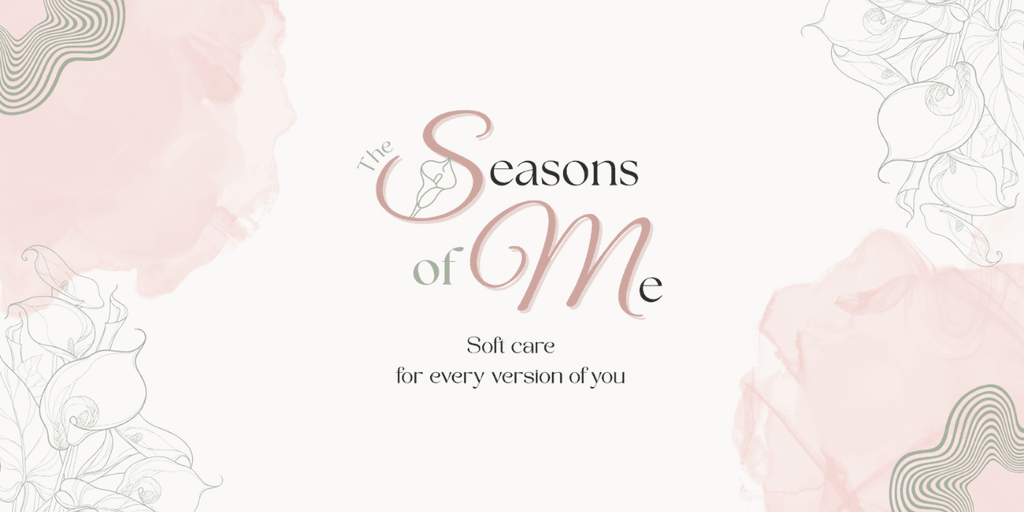 The Seasons of Me logo with soft pink watercolor accents and floral line art.