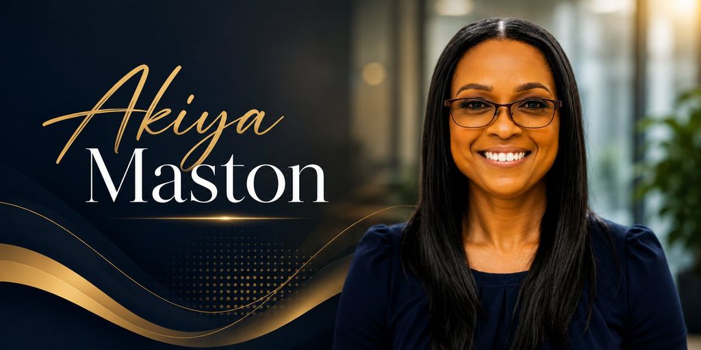 Portrait of Akiya Maston smiling in office setting beside stylized name graphic and gold abstract design.