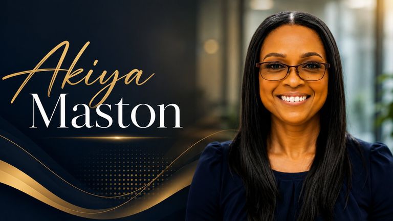 Portrait of Akiya Maston smiling in office setting beside stylized name graphic and gold abstract design.