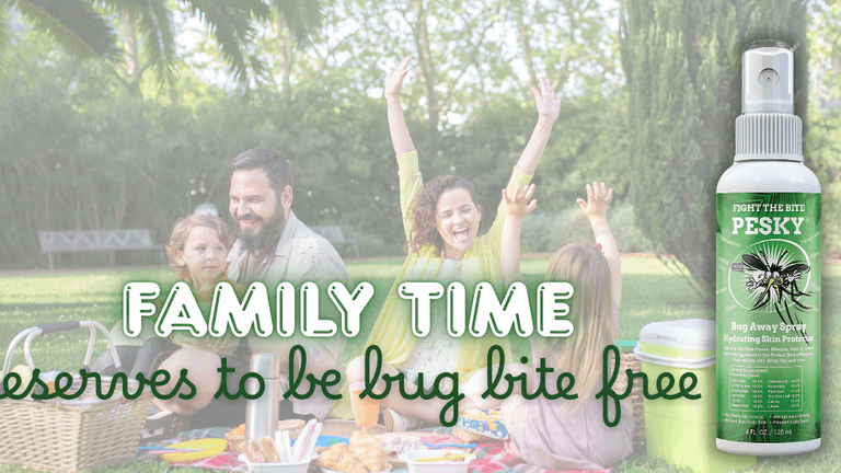 A family enjoying a picnic outdoors, protected by PESKY® Bug Away Spray, ensuring a bug-free, memorable time together.