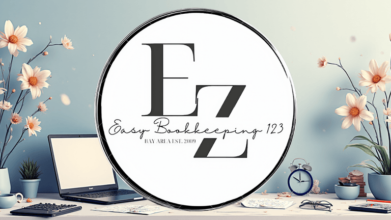 Easy Bookkeeping 123 logo with a calm, organized workspace symbolizing financial clarity and support.