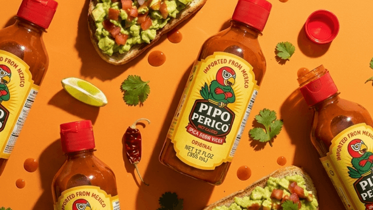 Pipo Perico hot sauce bottles with tacos, avocado toast, and Mexican-inspired ingredients on orange background.
