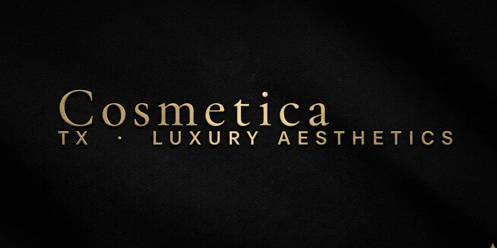 Cosmetica TX Luxury Aesthetics gold logo on black textured background.