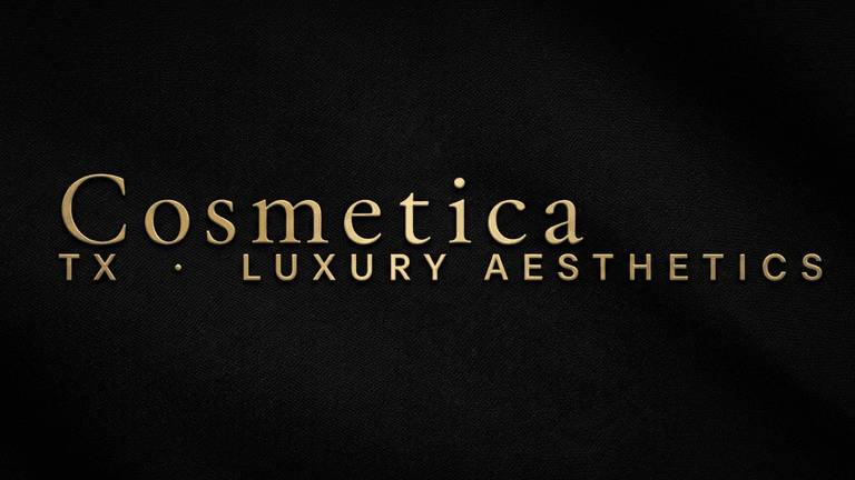 Cosmetica TX Luxury Aesthetics gold logo on black textured background.