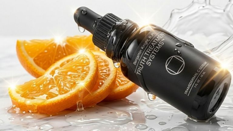 A sleek black serum bottle labeled "Truth Treatment Systems" is tilted with water droplets, surrounded by fresh orange slices on a glossy surface.