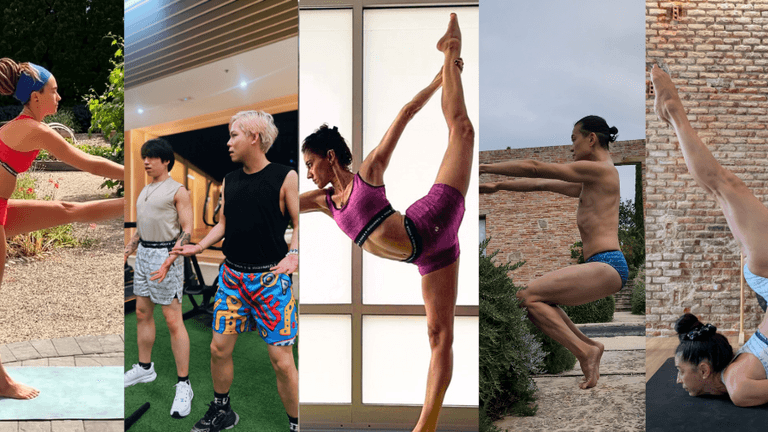 Five yogis performing vibrant poses in bold iSquared Yoga wear, showcasing strength, balance, and flexibility in diverse settings.