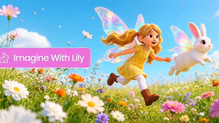 Fairy-winged Lily and a white rabbit run through a flower meadow, promoting Imagine With Lily and children's imagination.
