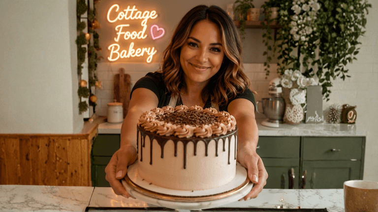 Woman presenting a chocolate drip cake inside Cottage Food Bakery kitchen.