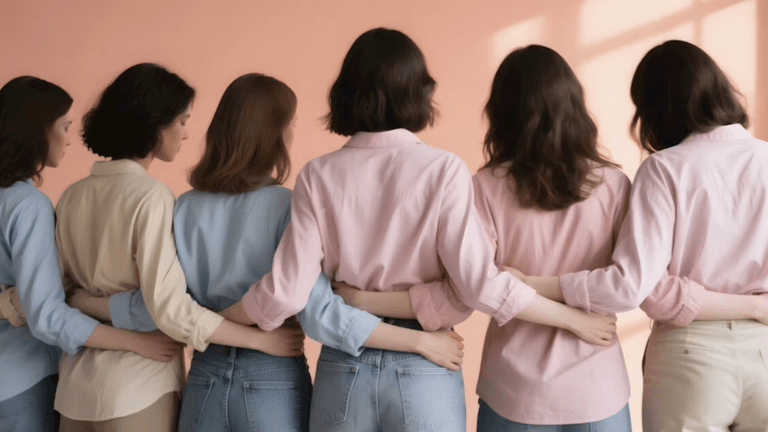Group of women standing together with arms around each other, symbolizing support and community.