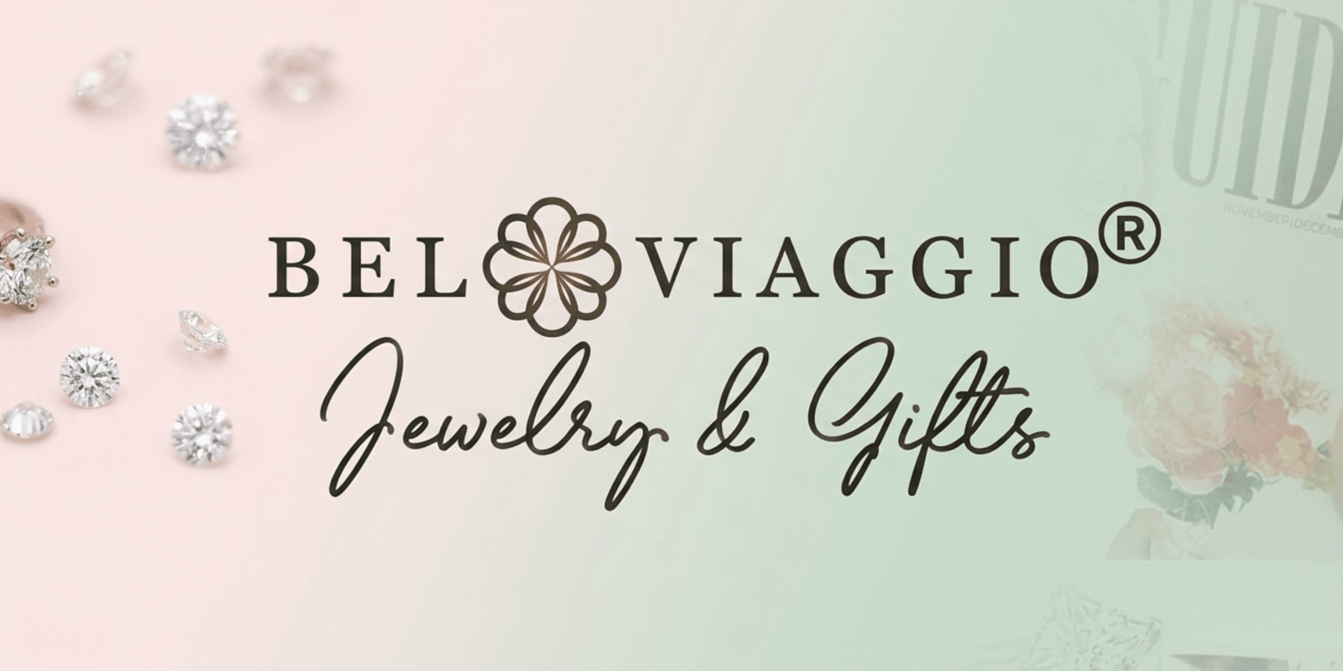 Bel Viaggio Jewelry & Gifts logo with diamonds on a soft pink and green background.