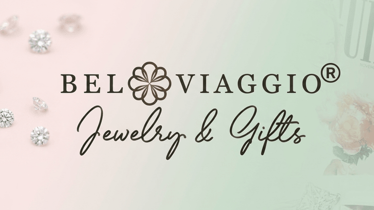 Bel Viaggio Jewelry & Gifts logo with diamonds on a soft pink and green background.