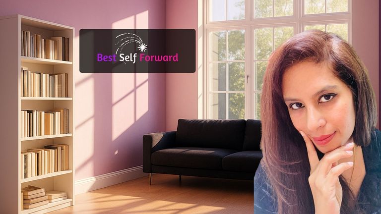 Dr. Preeti Mistry, leadership and relationship coach, with a bookshelf and couch backdrop, promoting empowerment and self-leadership.