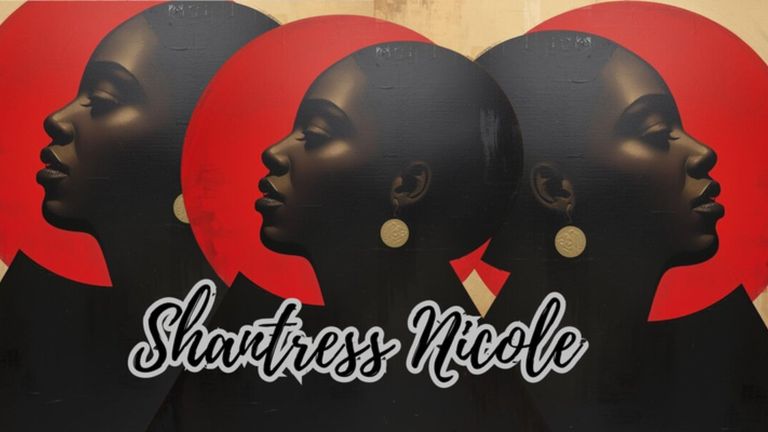 Promotional artwork featuring three Afrocentric profile silhouettes with red circles and the name Shantress Nicole.