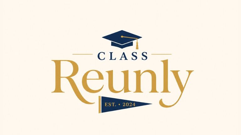 Class Reunly logo featuring graduation cap, pennant, and gold lettering on a light background.