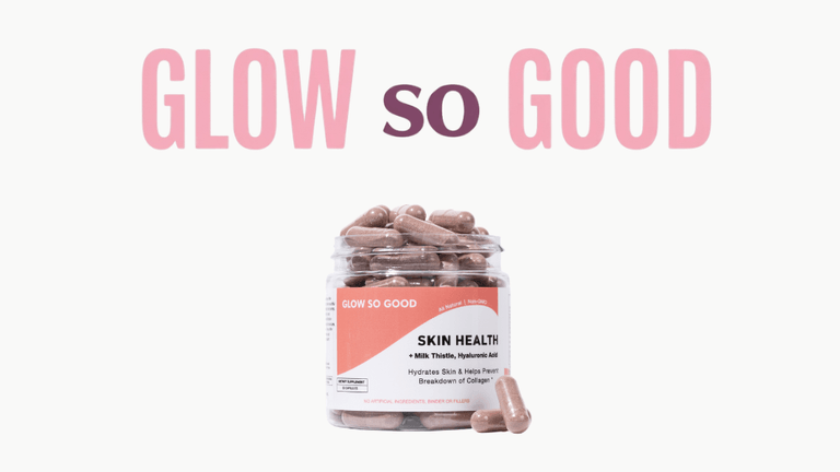 Glow So Good Skin Health supplement bottle and capsules on a clean white background.