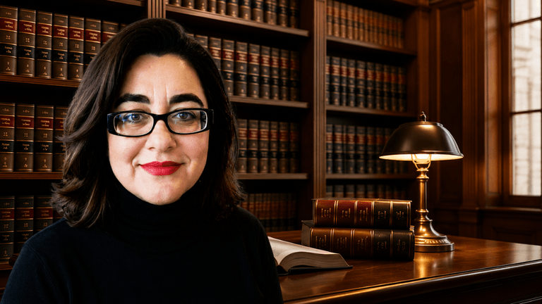 Shadan Kapri, human rights attorney and author, in a law library with books and a desk lamp.