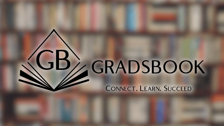 Gradsbook logo over blurred bookshelf background, representing a platform helping students connect before college begins.