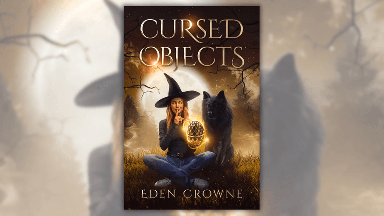 Cover of 'Cursed Objects' by Eden Crowne featuring a witch holding a glowing artifact with a wolf in the background.