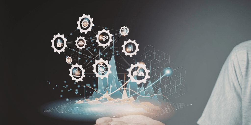 Digital innovation concept with connected business icons above an interactive analytics dashboard.